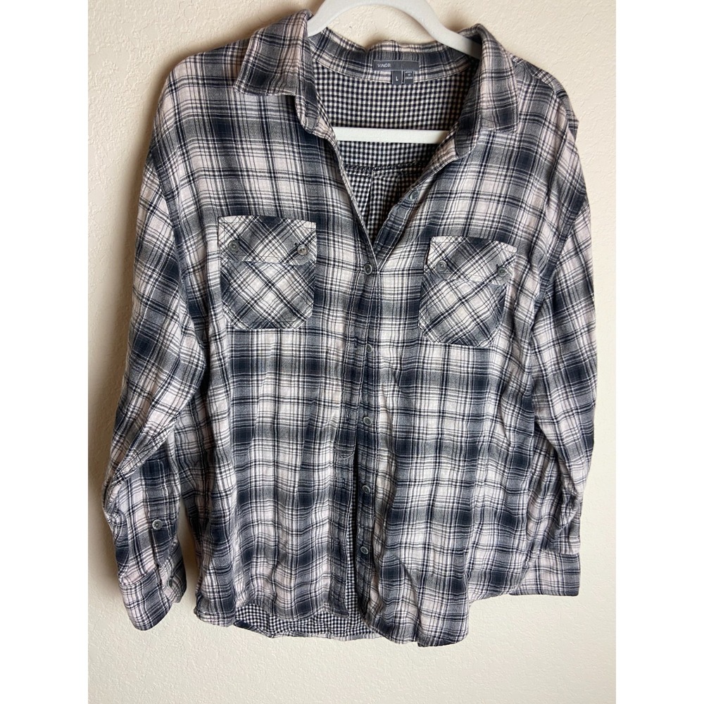 Vince Womens Button Up Shirt Plaid Black Size L Collared Long Sleeve Casual Top